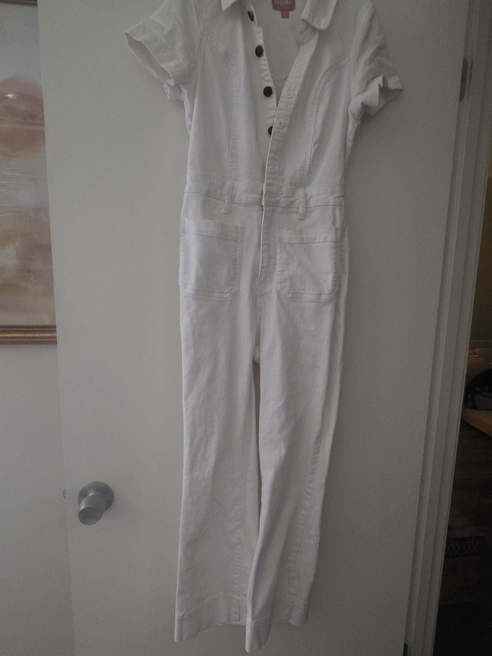 Show Me Your MuMu Everhart White  Cotton Collared Short Sleeve Flared Jumpsuit.